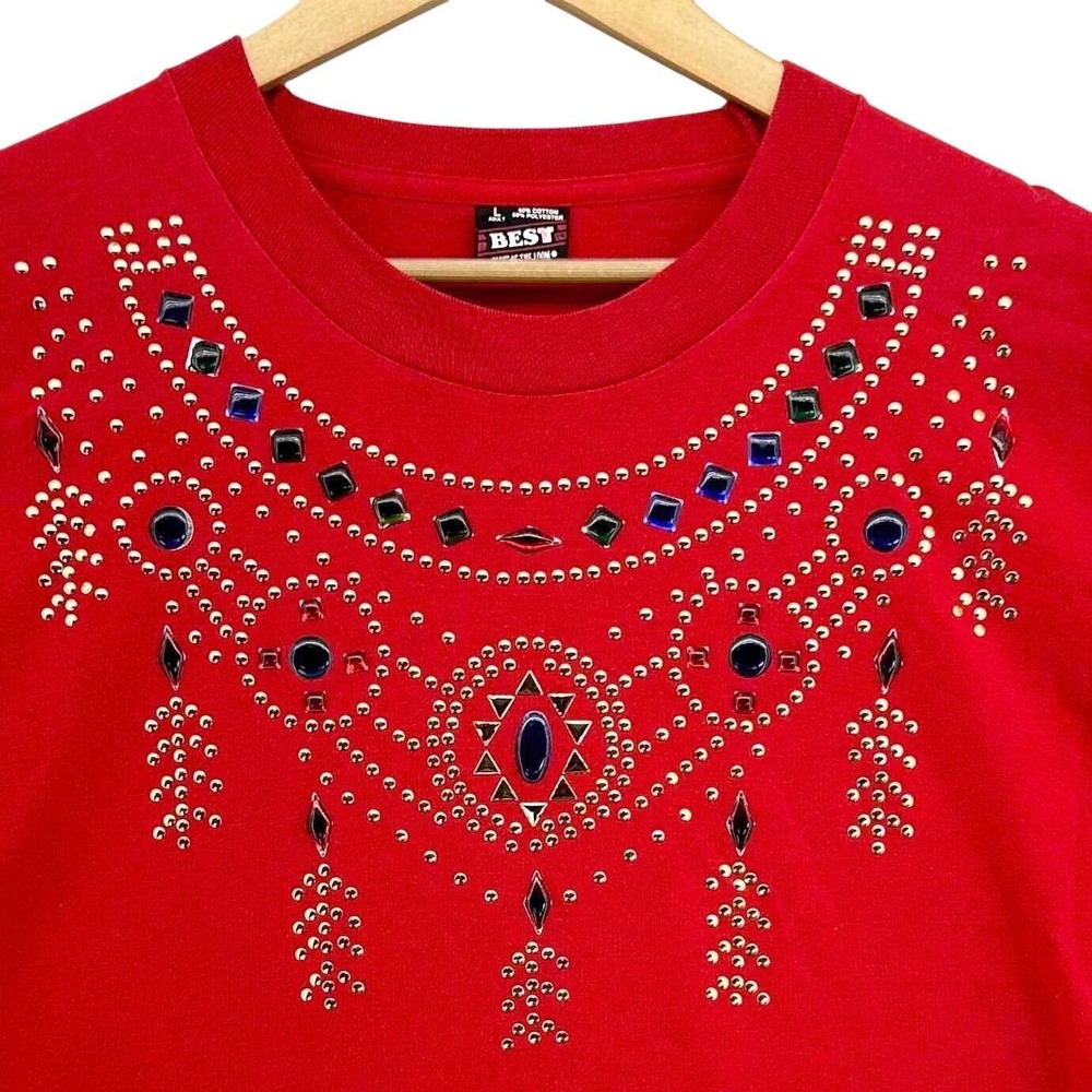 VTG 90s Red Studded Faux Jewel Single Stitch T-Shirt SZ L Made USA Western 1990s